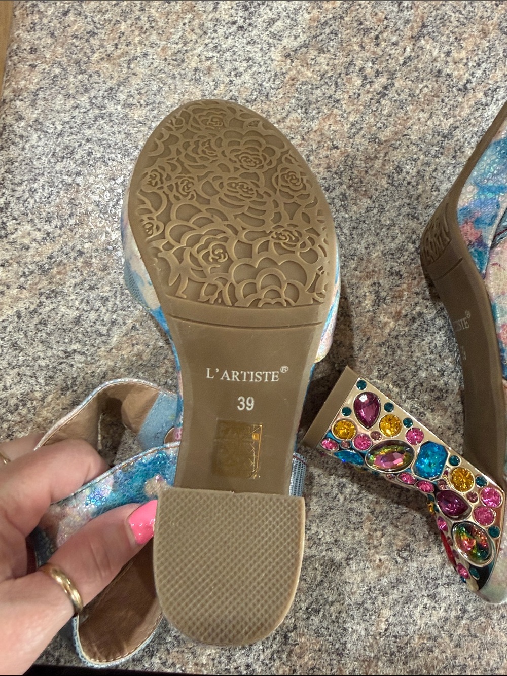 Women's Iridescent Sandals w Rose Accents and decorate gem heels size 39 US 8.5 - Picture 5 of 7